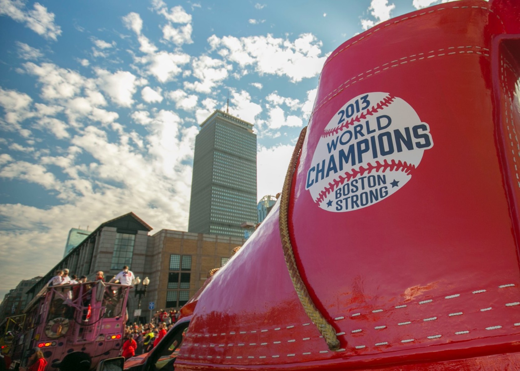 Red Bootmobile celebrating Red Sox Championship parade circa 2013.