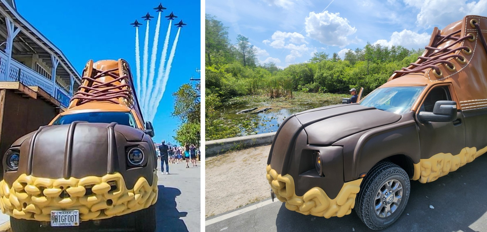 A truck designed to look like a giant brown and tan boot under blue skies.