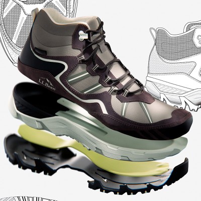 Exploded view of an L L Bean hiking boot showing layered sole components like tread, cushioning, and support structures.