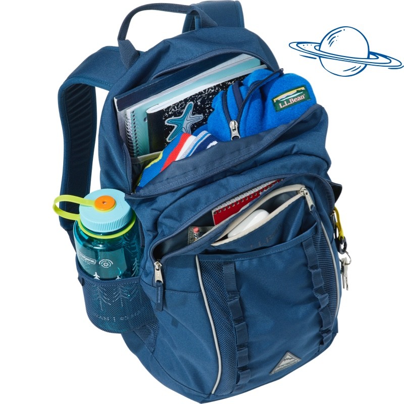 An Explorer Backpack, open to show contents.