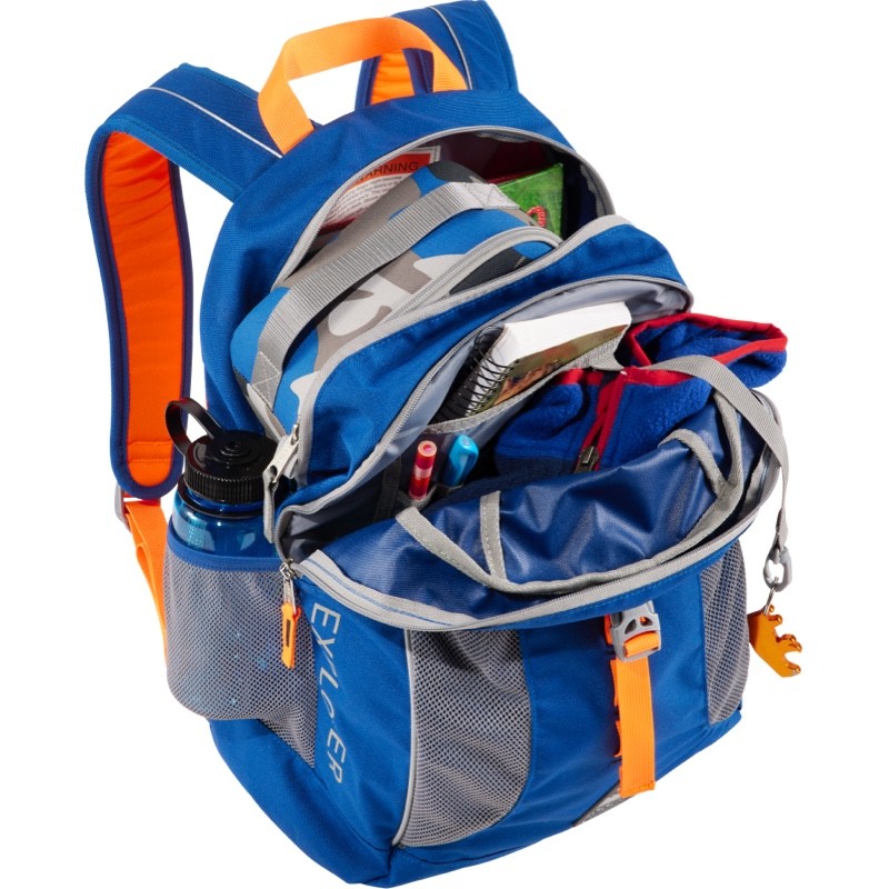 An Explorer Backpack, open to show contents.