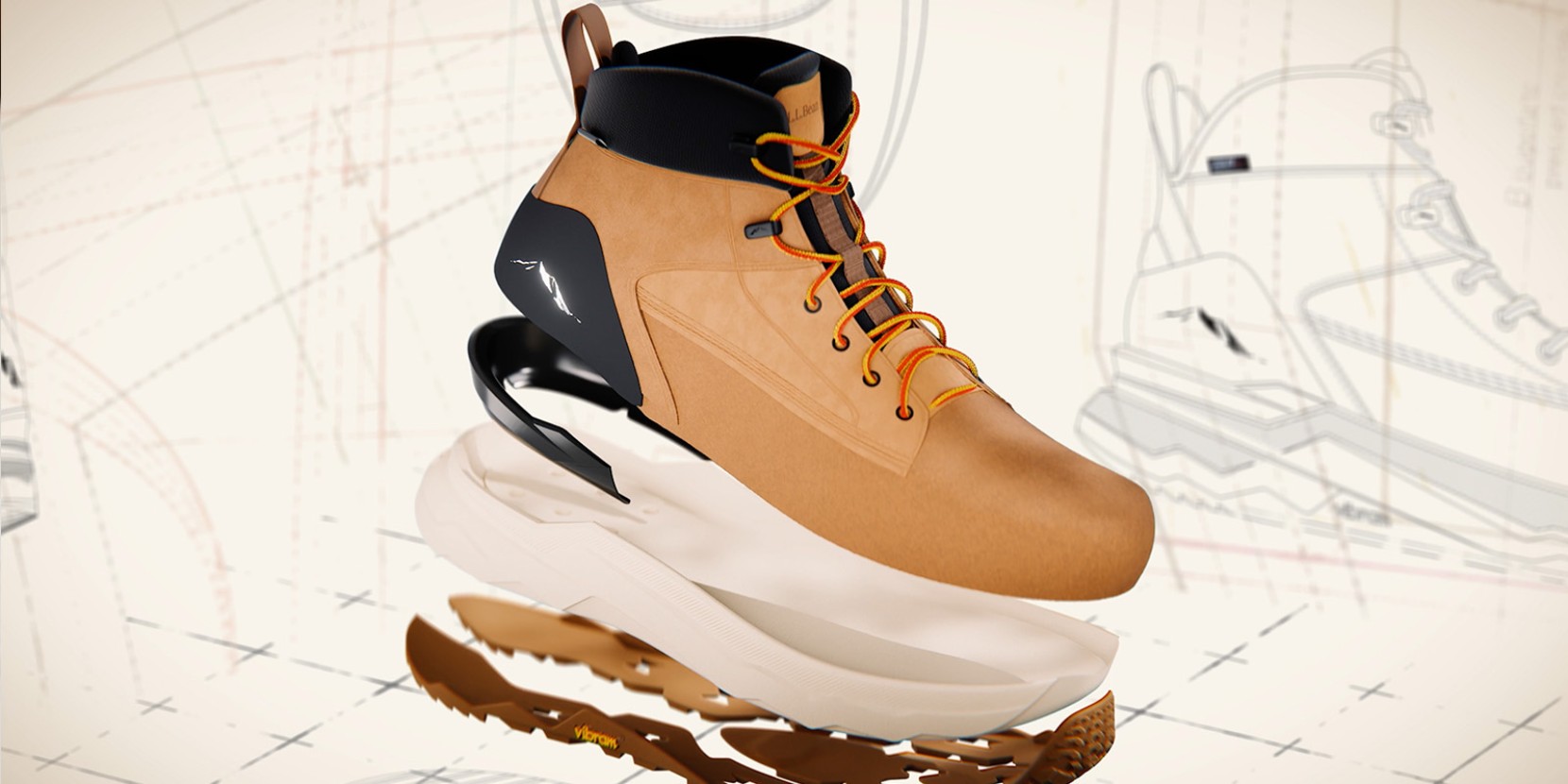 Exploded view of brown hiking boot with yellow laces, showing separated layers including the sole and insole.