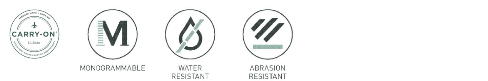 Icons showing L L Bean carry-on approval, monogrammable feature, water resistance, and abrasion resistance.