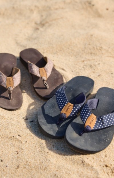 Two pairs of flip flops on a sandy beach; one pair is brown with tan straps, and the other is black with blue polka dot straps.