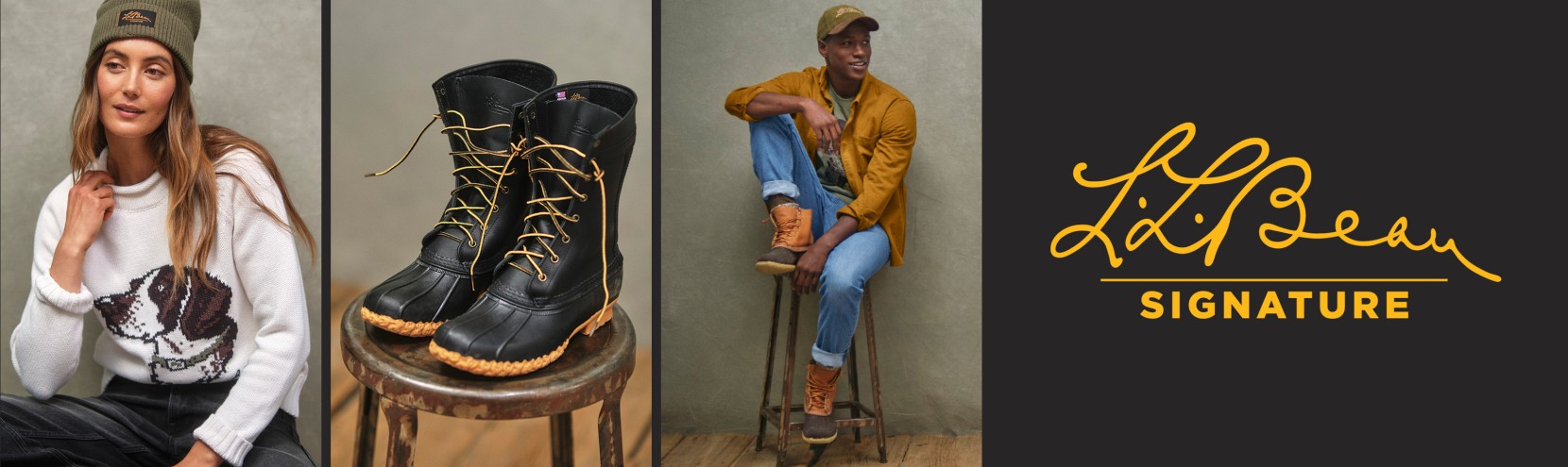 Studio Images of people wearing caps and L. L. Bean clothing, a pair of black Bean Boots on a stool, and the Signature logo.