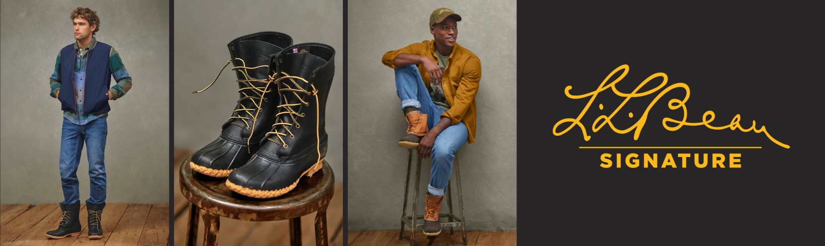 L L Bean Signature logo with two models in casual outfits and a close-up of black boots on a stool.