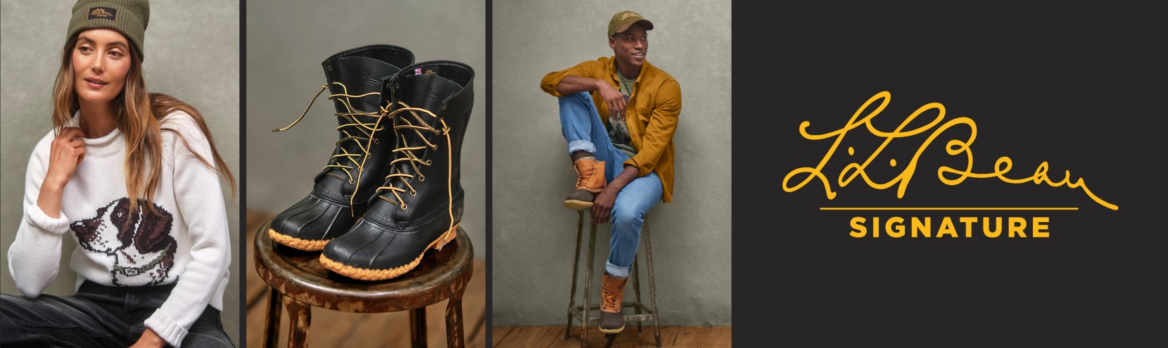Studio Images of people wearing caps and L. L. Bean clothing, a pair of black Bean Boots on a stool, and the Signature logo.