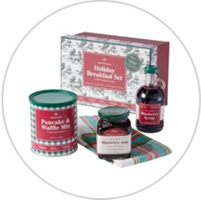 A holiday breakfast set including pancake and waffle mix, syrup and Maine blueberry jam.