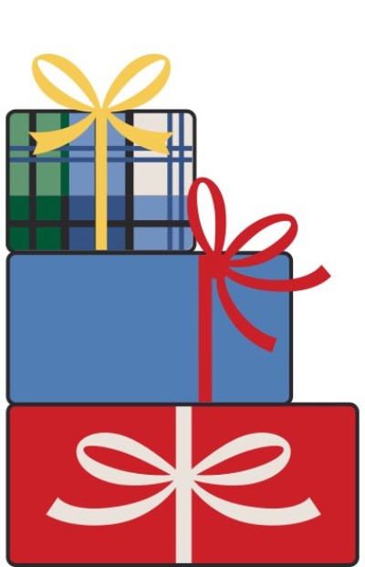 Festive illustration of three wrapped boxes with bows.