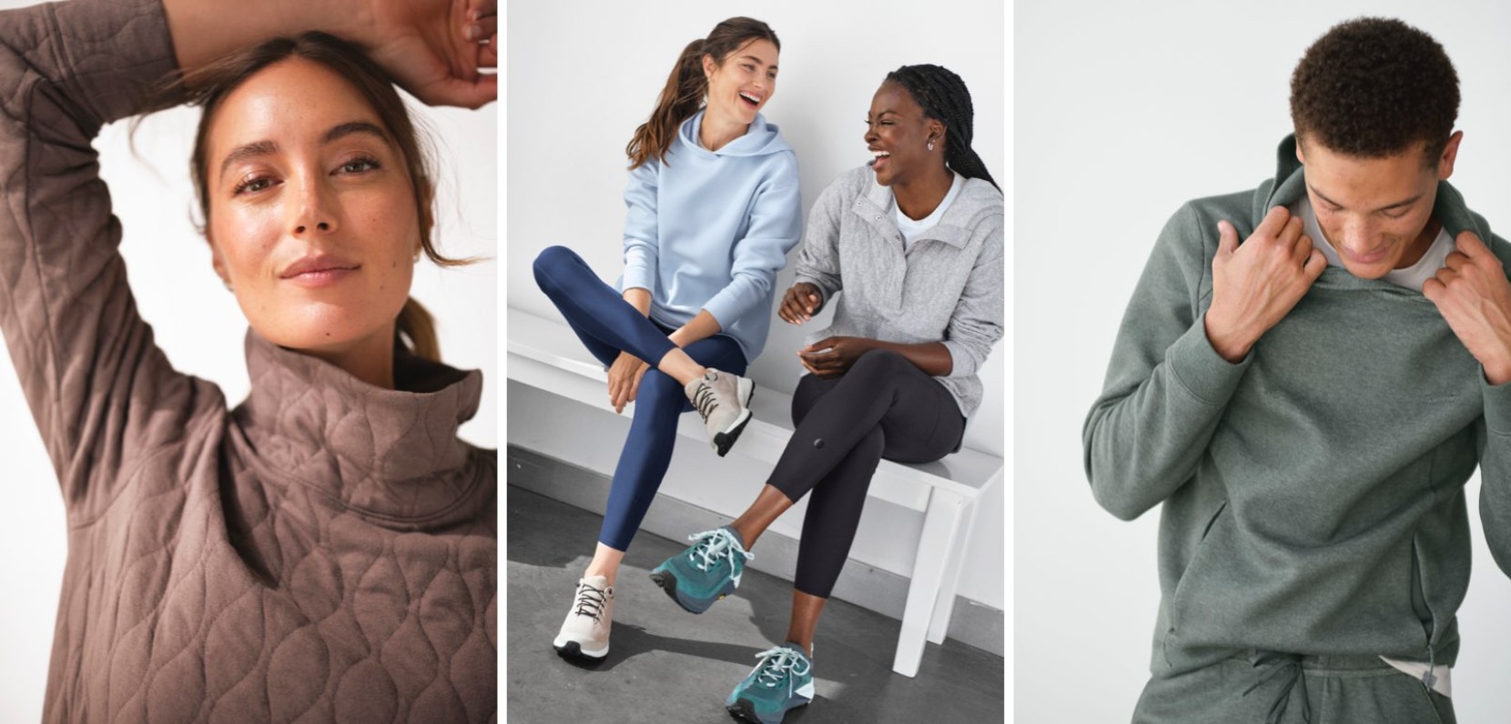 3 images of models wearing a collection of Venture Travel clothes.