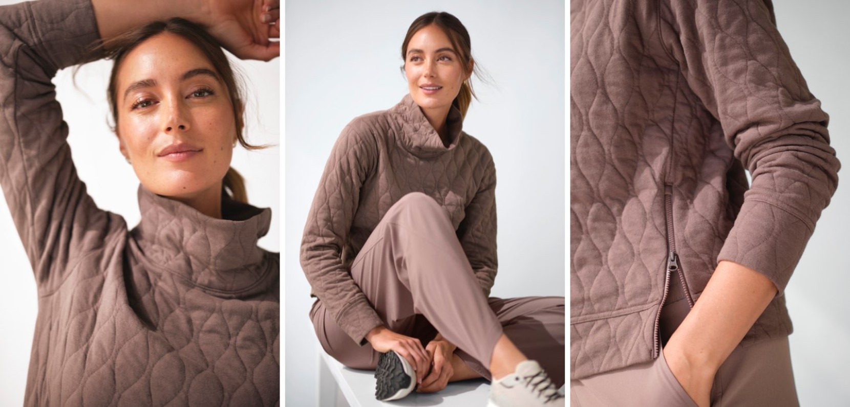 3 images of a woman wearing a collection of Venture Travel clothes.