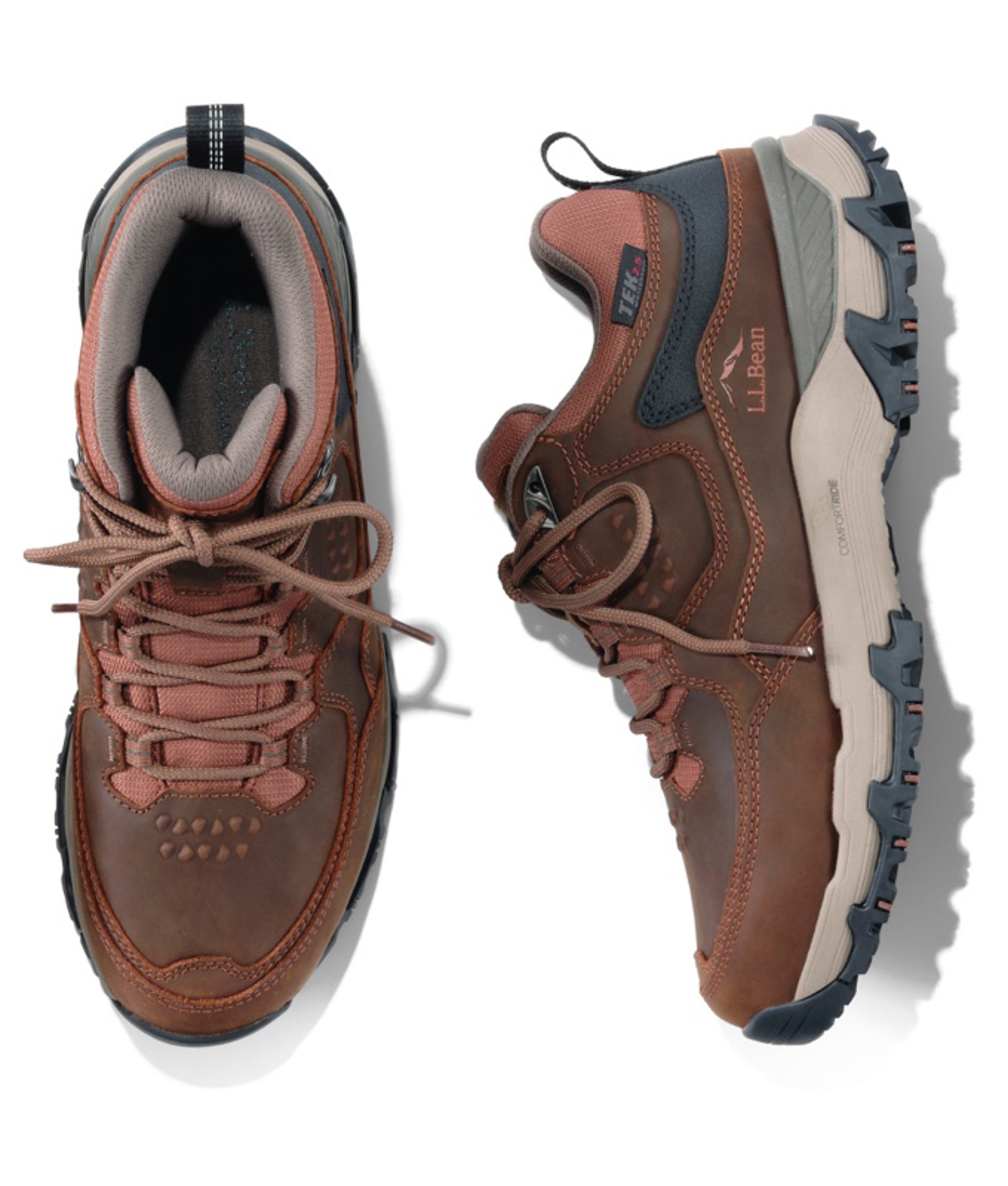 A pair of hiking shoes, one top view and one side view.