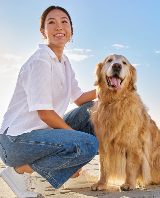 Woman on the beach scooching down to pat a dog.
