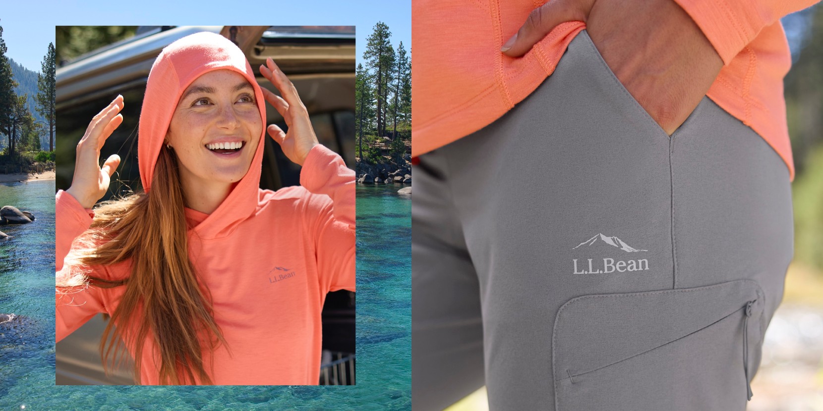 A collage featuring close-ups of a woman wearing sun and bug protection clothing.
