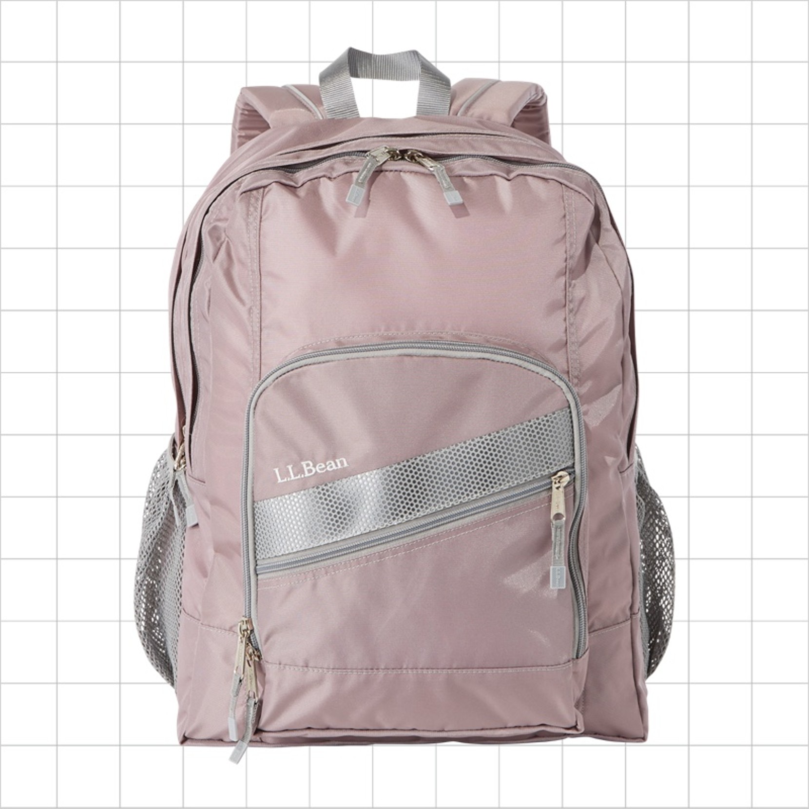 A pink school backpack with a diagonal reflective strip on the front pocket.