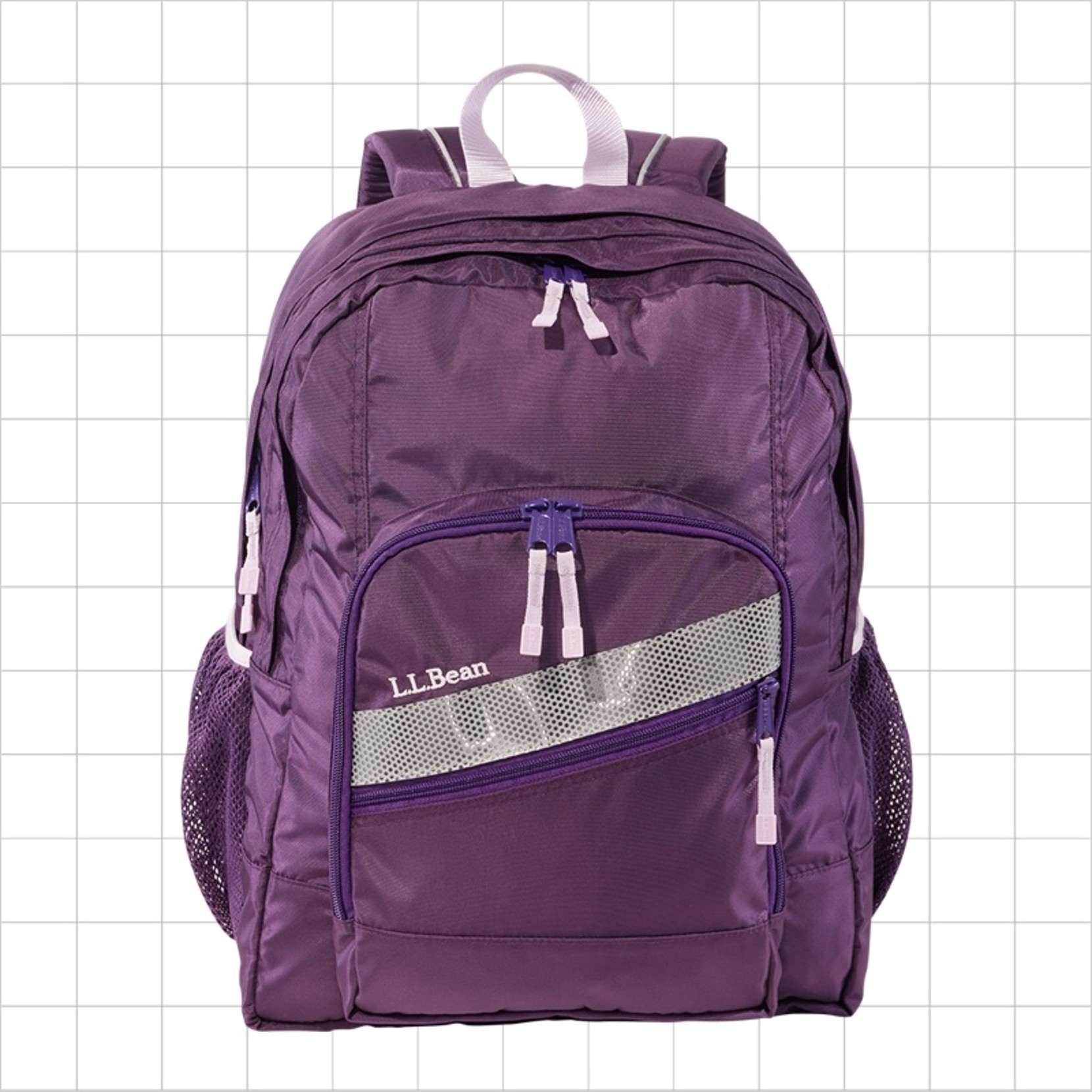 A purple school backpack with a diagonal reflective strip on the front pocket.