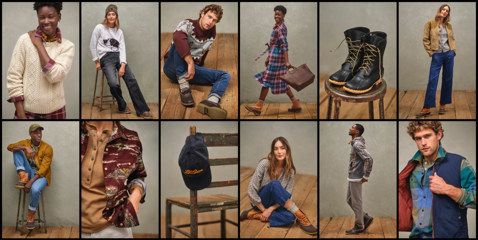 Collage of images showing people in fall outfits, sweaters, jackets, hats—and one image of a hat on a chair.