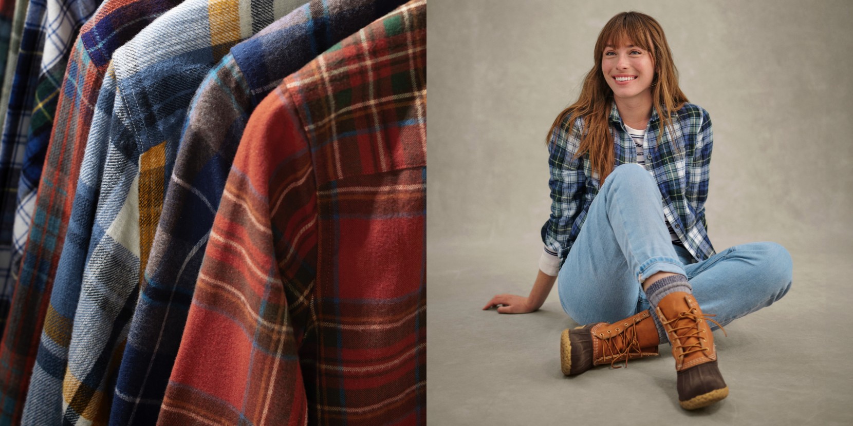 Colorful plaid shirts on left; person in blue plaid shirt on right.