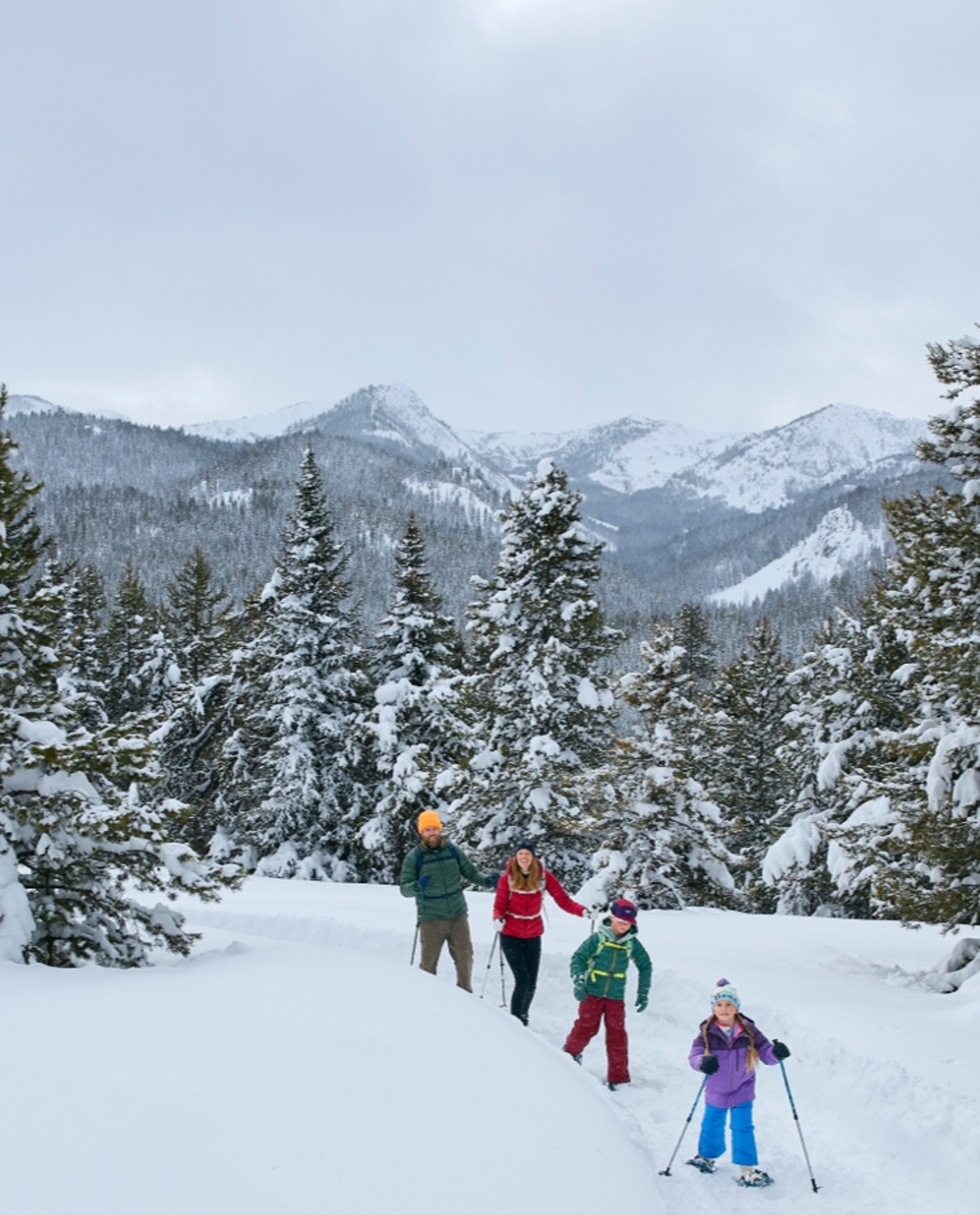 A family of four snowshoeing on a snowy mountain trail surrounded by pine trees, with snow-covered peaks in the distance.