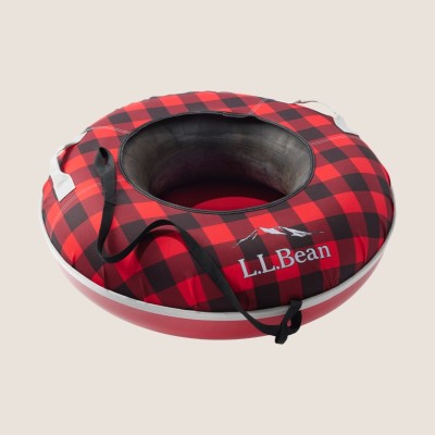 Red and black plaid snow tube with L L Bean logo, black strap, and white handles
