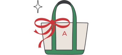 Illustrated beige tote bag with green handles, red bow, and letter A on front, with a sparkle icon beside it.