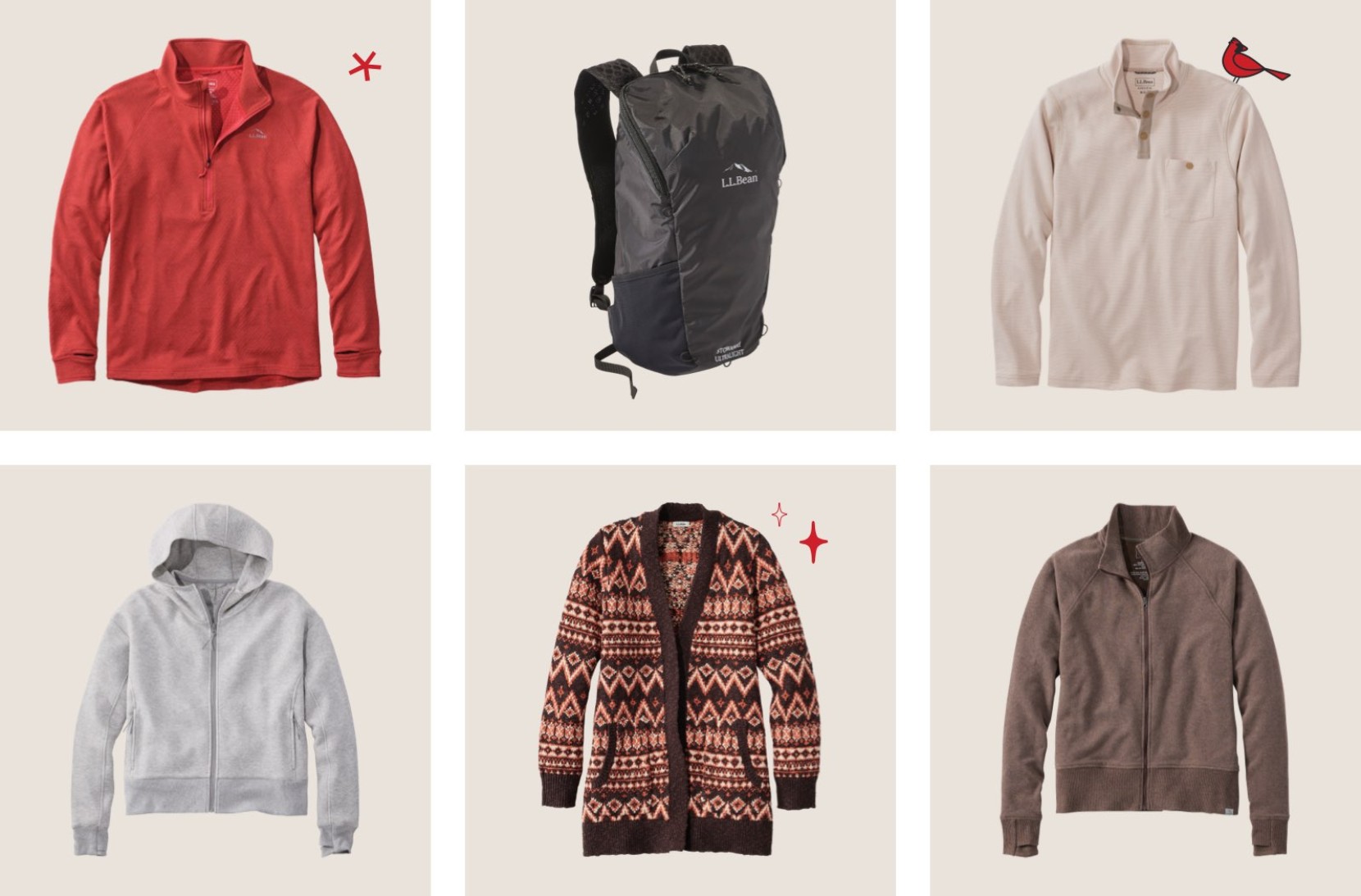 Clothing items and a black backpack arranged in two rows, including pullovers, hoodie, and patterned cardigan.
