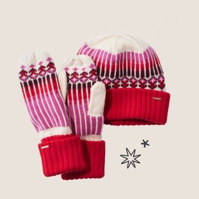 Red and white knit hat with matching mittens featuring pink, red, and black Nordic-style pattern.