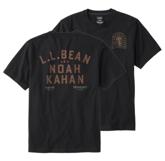 Short sleeve black tee shirt with printed text "L. L. Bean & Noah Kahan".