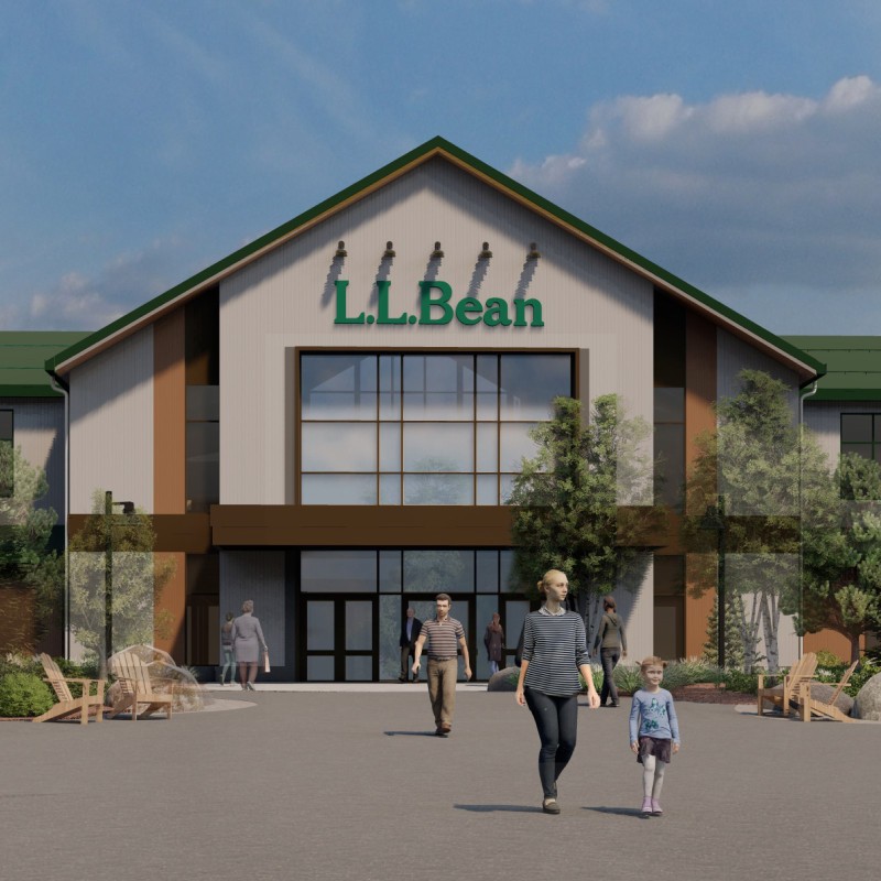An artist's rendition of the renovated L L Bean flagship store entrance with people walking around under blue skies