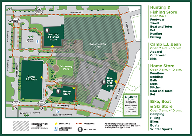 Map of L L Bean Flagship campus showing stores hour, parking, an construction zones.