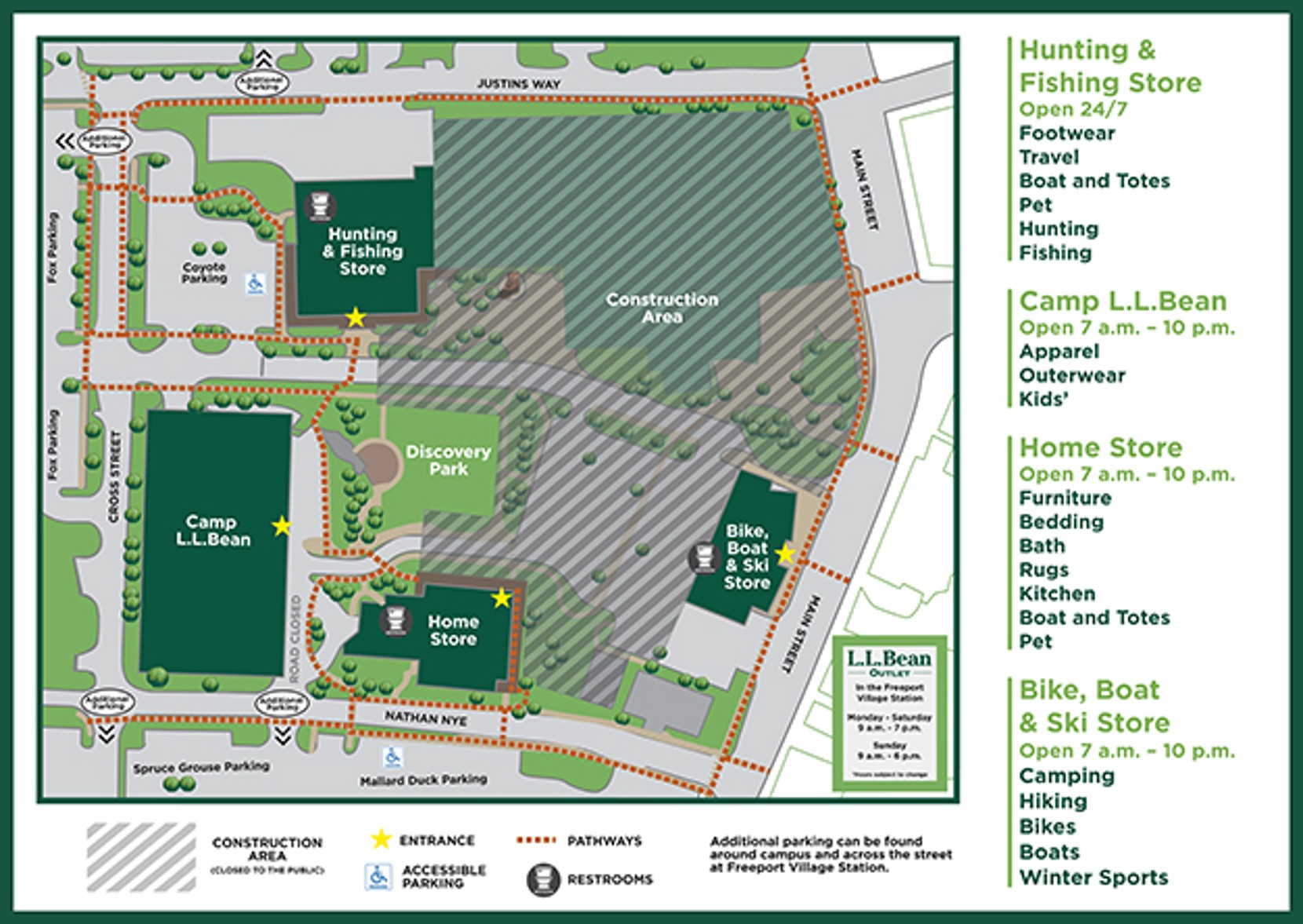 Map of L L Bean Flagship campus showing stores hour, parking, an construction zones