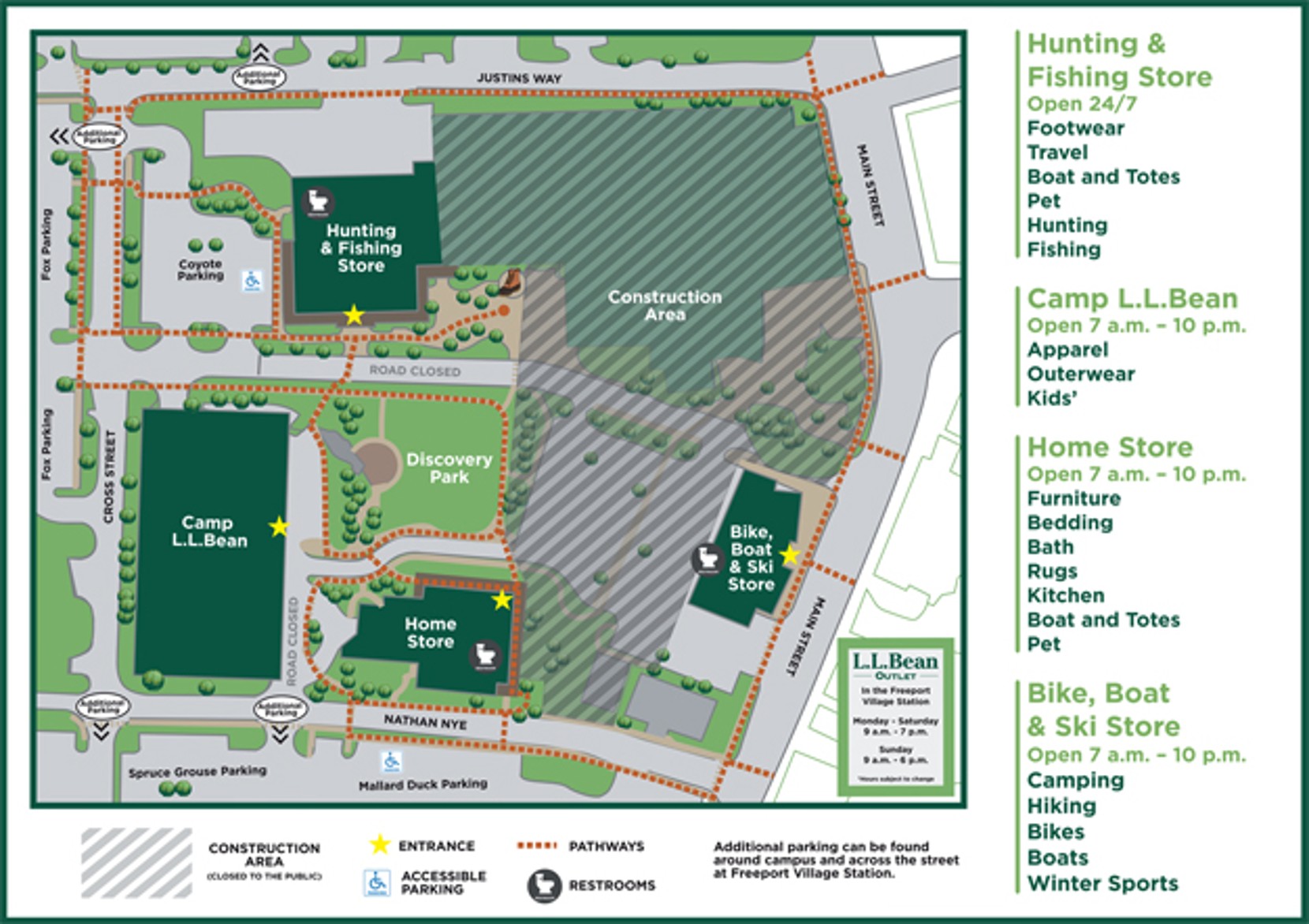 Map of L L Bean Flagship campus showing stores hour, parking, an construction zones