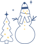 Simple winter illustration of an evergreen tree with stars and a snowman wearing a hat and scarf.