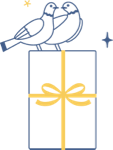 Illustration of two doves standing on a gift box with a yellow ribbon and stars in the background.
