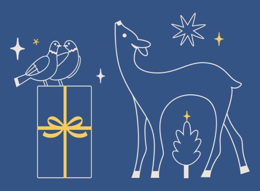 Holiday illustration showing a deer, an evergreen tree, and stars in white and yellow line art with a blue background.