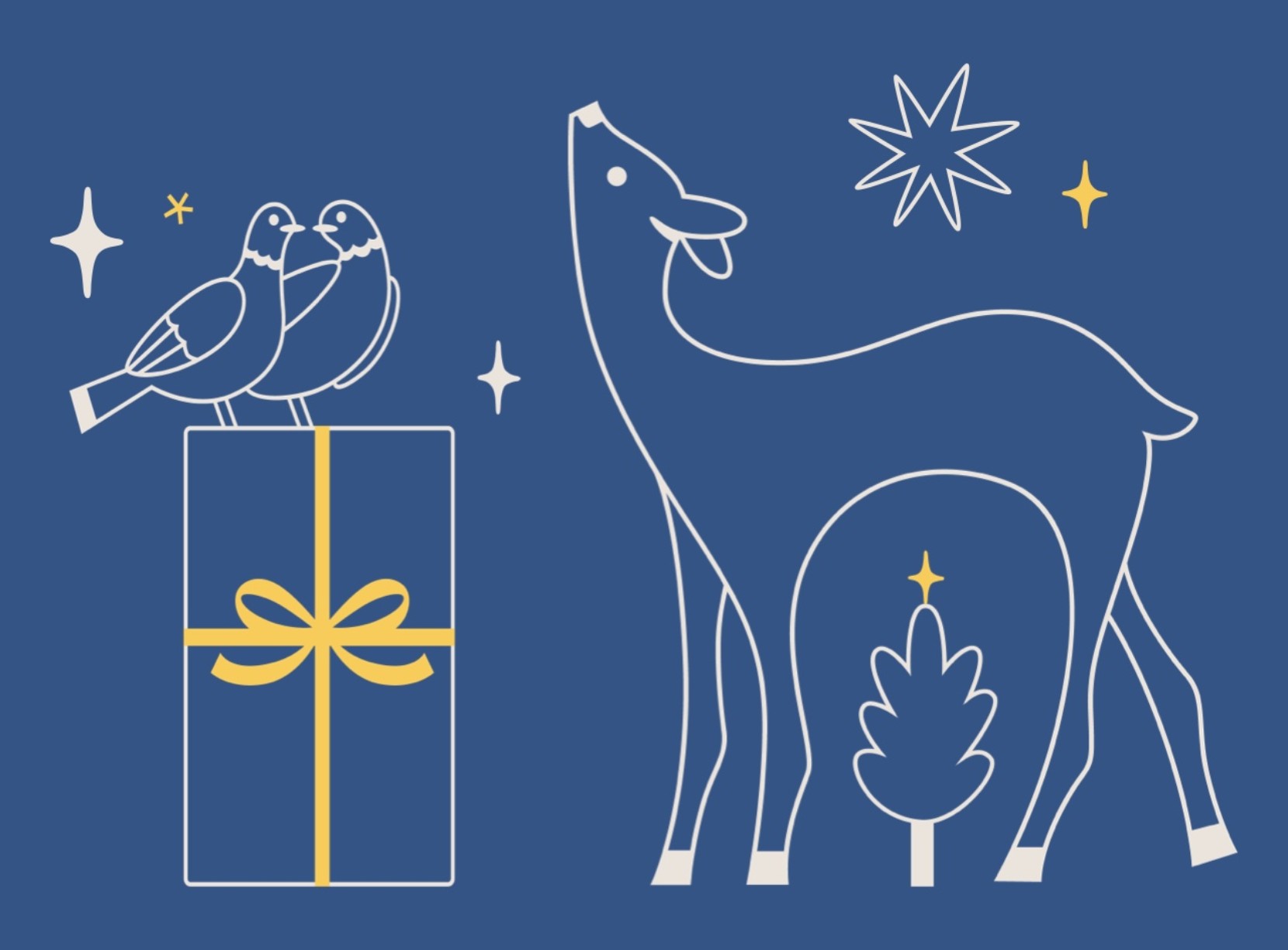 Holiday illustration showing a deer, two birds on a gift box, and stars in white and yellow line art with a blue background.