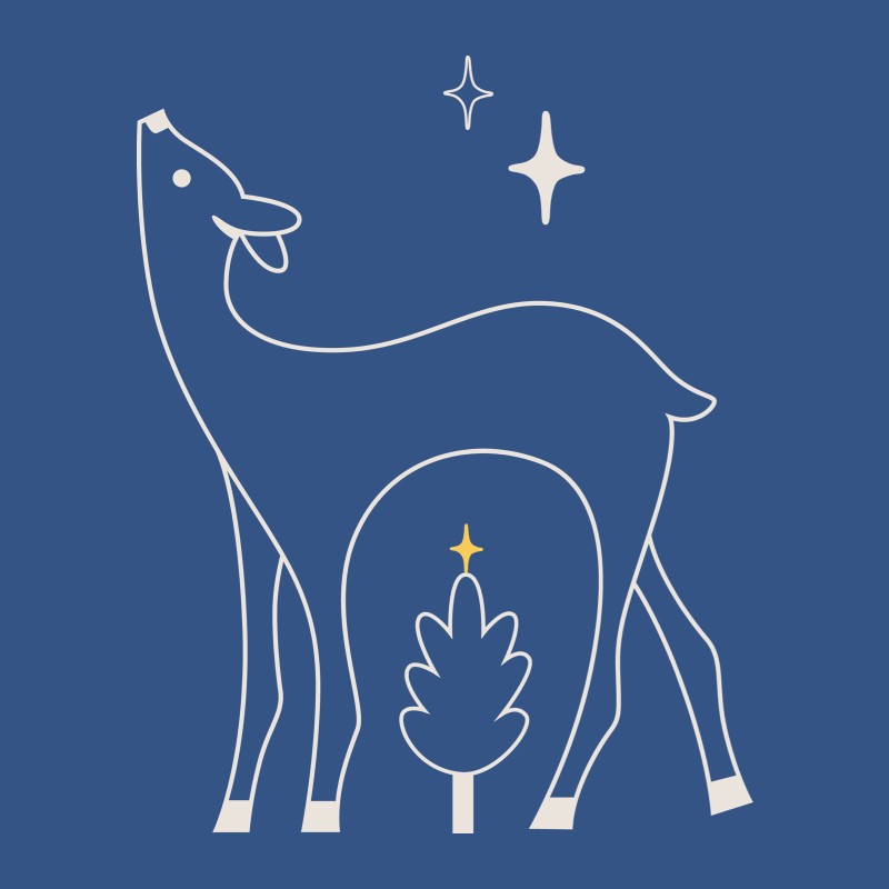 Holiday illustration showing a deer, an evergreen tree, and stars in white and yellow line art with a blue background.