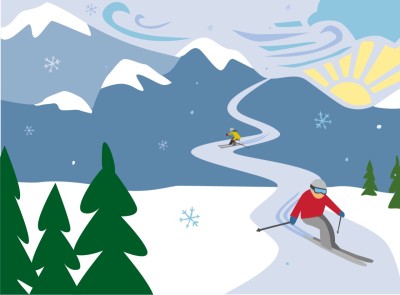A whimsical holiday illustration showing a skier and text reading "Winter in New England".