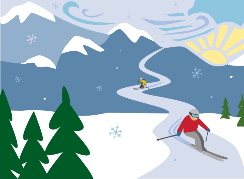 A whimsical holiday illustration showing a skier and text reading "Winter in New England".