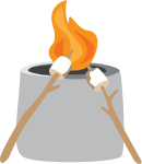 Illustration of two sticks with marshmellows leaning against a lit campfire.