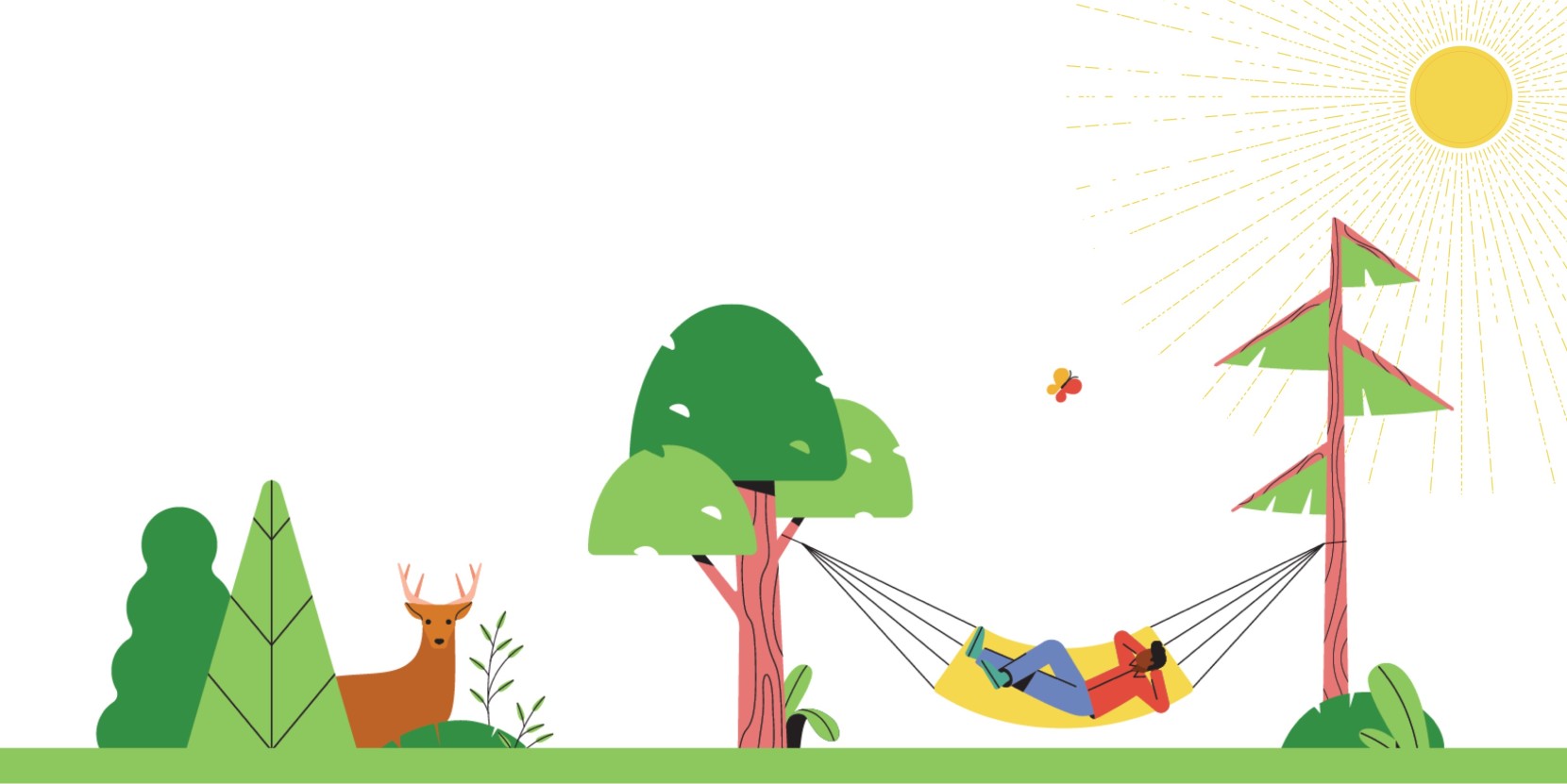 Whimsically illustrated, a person in a hammock between trees, with a deer nearby under the sun.