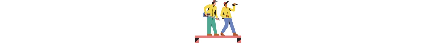 Whimsically illustrated, two people in yellow jackets; one holds a ukulele, the other looks through binoculars. 