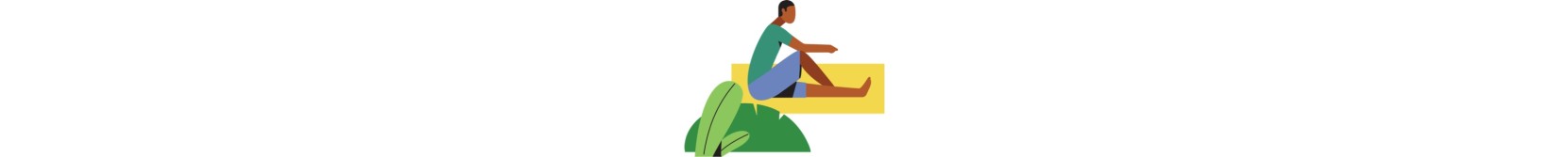 Whimsically illustrated, person in green shirt and blue shorts sits on a yoga mat. 