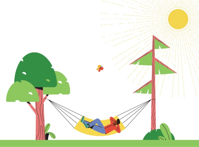 A whimsical illustration of a person in a hammock strung between trees, sun in the sky.