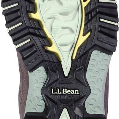 The underside of a hiker boot shows deep lugs indicating it's rugged traction abilities.