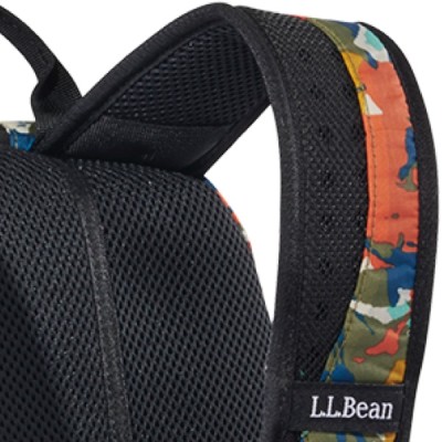 A multi colored L L Bean backpack with mesh padding and a shoulder strap.