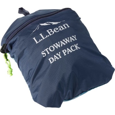 A blue L L Bean Stowaway Day Pack with a zipper and green pull tab and a white mountain logo.