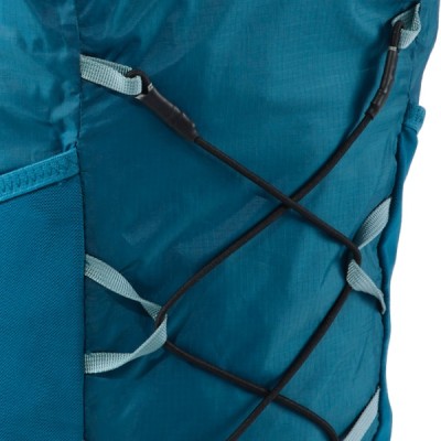 A blue fabric with black elastic cords threaded through light blue loops.