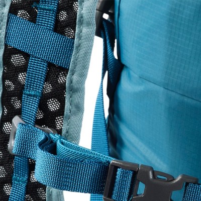 A blue backpack showing a black mesh panel, blue straps with buckles, and part of the main compartment.