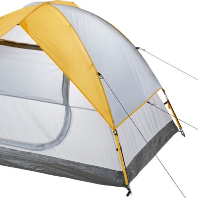 A yellow and gray dome tent with two poles and guy lines for stability. The tent has a mesh window on the side.